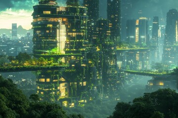 Naklejka premium An AI-generated futuristic city, where nature and urban structures are integrated, featuring green skyscrapers and floating gardens.
