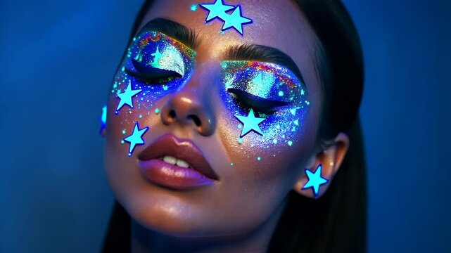 A woman with blue glow-in-the-dark stars painted on her face and eyes, looks up against a blue background
