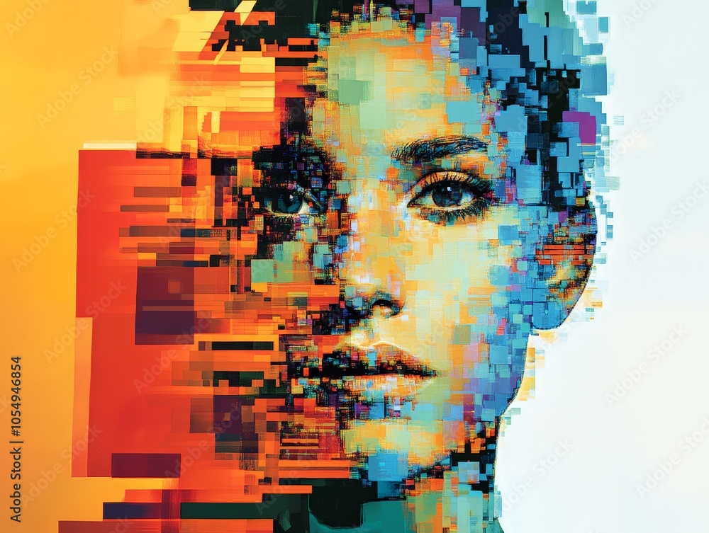Poster an ai-generated portrait where the subject features are fragmented into digital pixels and abstract 