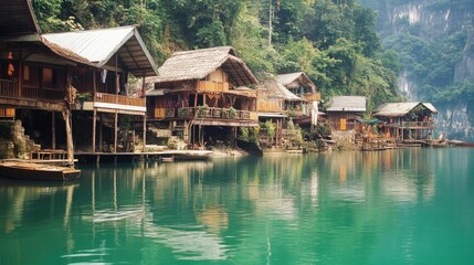 Naklejka premium Serene Lakeside Cottages Surrounded by Lush Greenery