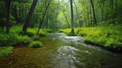 Obraz premium A clear stream flowing through a lush, green forest in spring