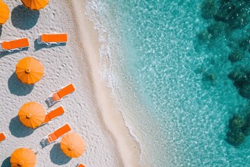 Naklejka premium Summer vacation on a beach with sun loungers, umbrellas, and crystal-clear water