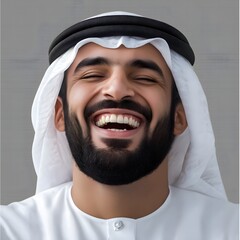 A cheerful man with a full beard, laughing wholeheartedly, dressed in traditional Middle Eastern clothing against a grey background