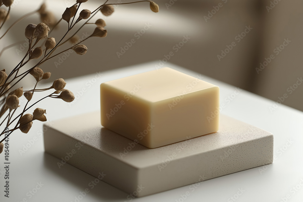 Poster a minimalistic arrangement of natural soap on a light surface with dried flowers in a soft setting
