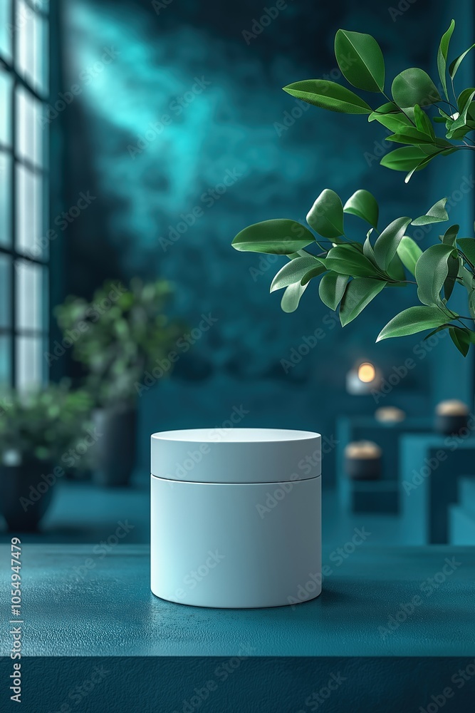 Poster modern white container on a teal table with plants and soft lighting in a serene setting