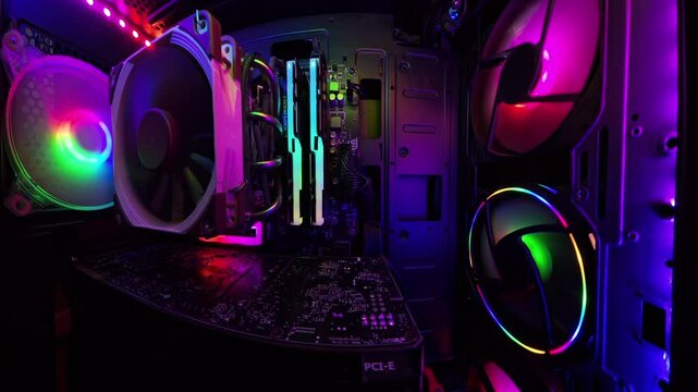 A smooth slider shot inside a gaming PC, highlighting vibrant RGB lighting, cooling fans, and hardware components. The camera movement emphasizes the detailed and glowing setup, creating an immersive 