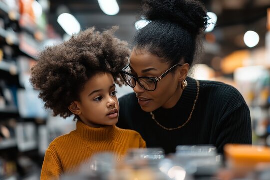 A tender moment as a mother lovingly talks to her daughter in a store, surrounded by products on shelves, symbolizes family bonds and shared experiences.