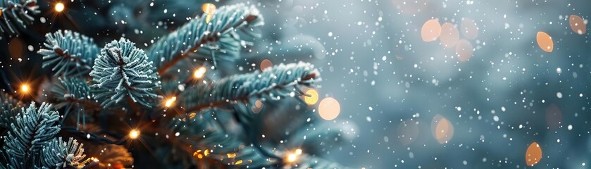 A monochromatic theme with a snow-laden Christmas tree, bright garland lights weaving through the branches, set against a matte grey background, broad space on the left for minimal