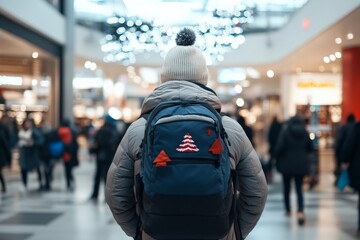 A person in a winter coat with a themed backpack walks into a bustling holiday-decorated mall, reflecting the spirit of festivity and exploration.