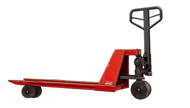 Pallet jack with red body on white background transparent background