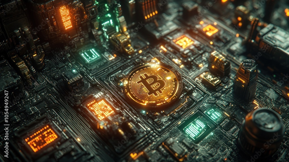 Poster a digital representation of a bitcoin on a circuit board.