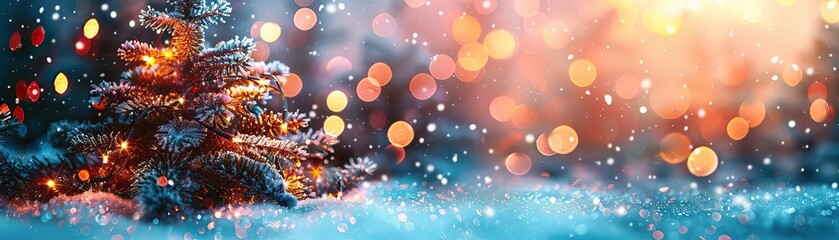 A vibrant, side-lit shot emphasizing the sparkle of gold baubles on a Christmas tree, the background lights artistically blurred, extensive panoramic space above for copy.