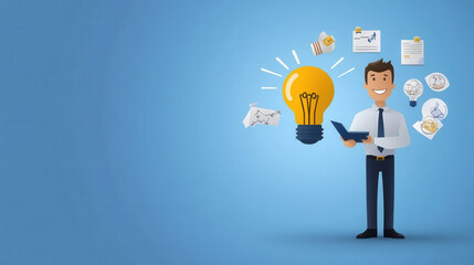 confident entrepreneur presenting innovative ideas with light bulb symbolizing creativity. background features various business related graphics
