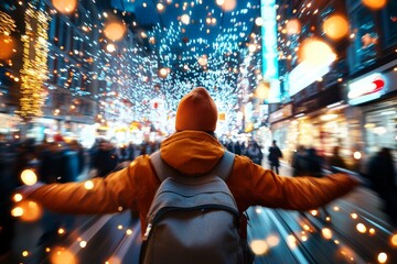 Fototapeta premium In a bustling city adorned with glowing lights, a person with outstretched arms embraces the festive atmosphere, symbolizing joy and celebration during the holidays.