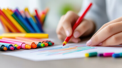 Creating colorful drawings with markers and crayons can be fun and expressive activity. This captures person using vibrant colors to enhance their artwork