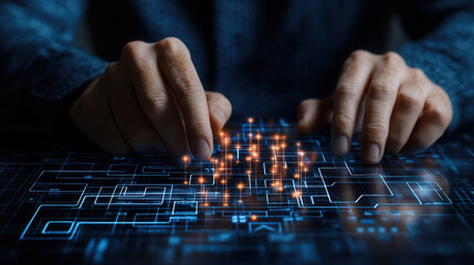 Naklejka premium Hands interacting with digital interface, showcasing decision making skills and technology. glowing connections represent data flow and innovation