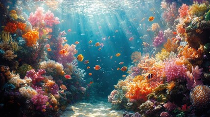 Fototapeta premium Vibrant underwater scene with colorful corals and fish.
