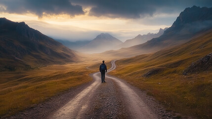 person standing at crossroads in scenic landscape, contemplating their journey. vast mountains and winding paths evoke sense of adventure and reflection