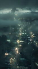 Obraz premium Foggy Nocturne: Eerie Aerial View of a Town Hidden in Dense Night Fog 