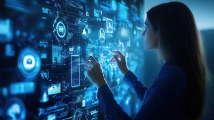 woman interacting with futuristic digital interface, visualizing data and technology. scene conveys innovation and creativity in modern workspace