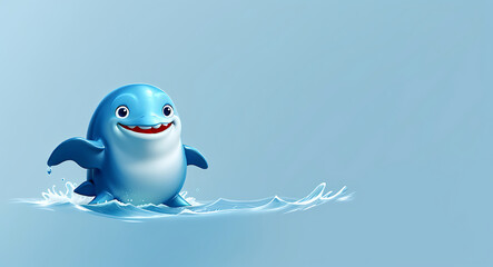 Naklejka premium Smiling whale with a tiny water spout on a plain blue background, perfect for an ocean-themed, fun wallpaper design.