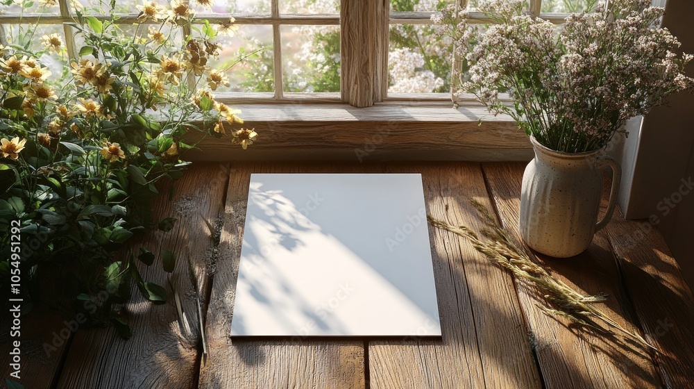 Poster a serene workspace by a window with flowers and a blank page.