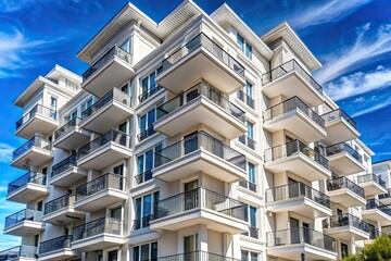 Obraz premium White and gray building in downtown with many balconies and blue sky background