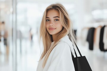Fototapeta premium A young woman with long blonde hair smiles warmly inside a bright shopping mall, portraying a sense of joy and contentment while enjoying her day.