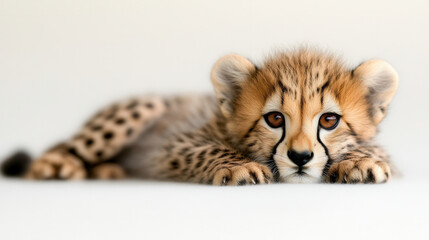 Obraz premium Adorable 4 month old baby cheetah lying down with playful expression, showcasing its beautiful fur and distinctive spots. This charming animal captivates with its innocent gaze
