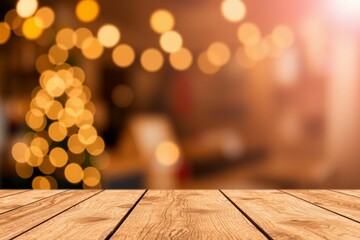 Wooden Tabletop with Warm Bokeh Lights Background.generative AI
