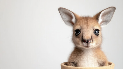 Obraz premium Adorable baby kangaroo peeking from cozy container, showcasing its big eyes and soft fur. This charming creature brings joy and warmth to any setting