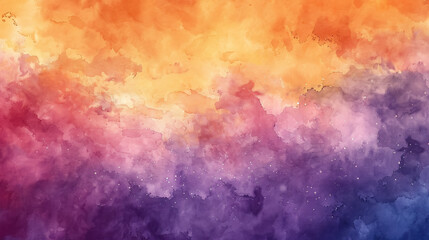 Naklejka premium Abstract watercolor background with sunset sky in orange and purple hues.