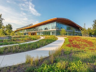 An eco-friendly university campus building with a living roof, solar energy, and sustainable materials for reduced environmental impact.