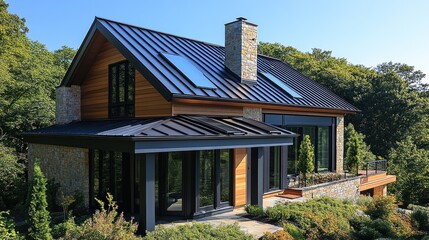 Obraz premium Modern house with large windows and a stone facade in nature.