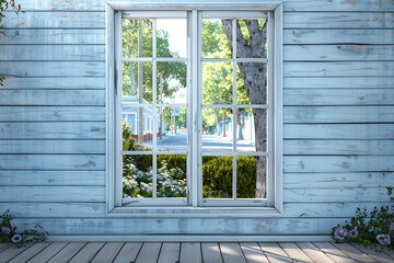 Fototapeta premium Aged white house with blue walls, open window to green garden and street, white wooden frame, daylight, photo realistic.