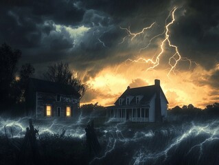 An intense lightning storm over a rural farmhouse, with bolts striking the ground and illuminating the darkened fields.