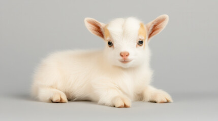 Cute 4 month old baby goat with floppy ears, soft white fur, and charming expression. This adorable animal is perfect for animal lovers and farm themed projects