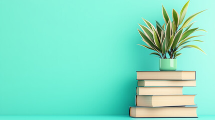 Minimalistic arrangement of books with potted plant on top against turquoise background. This serene setup adds touch of nature to study space