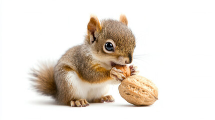 Cute 4 month old baby squirrel nibbling on nut, showcasing its playful nature and fluffy fur. This adorable scene captures essence of wildlife