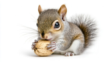 Fototapeta premium Cute baby squirrel nibbling on nut, showcasing its playful nature and fluffy fur. This adorable creature captures essence of wildlife charm and innocence