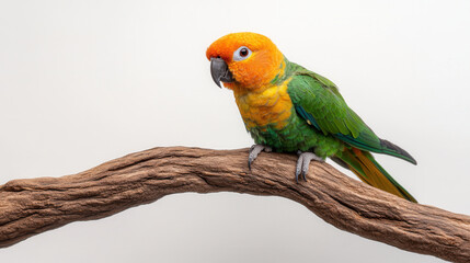 Fototapeta premium vibrant 4 month old parrot perched on branch, showcasing its colorful feathers and playful demeanor. This charming bird adds lively touch to any setting
