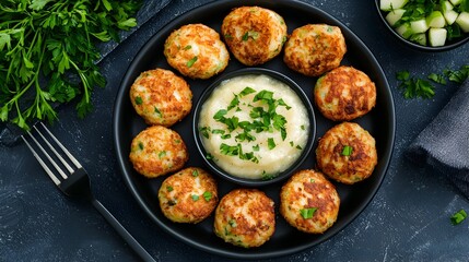 Fresh Latkes Topped with Herbs and Applesauce