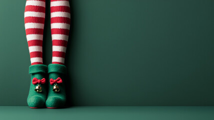 festive elf legs with green and red striped stockings and pointed shoes topped with small bells.  against , green banner/web/wallpaper/design/poster flyer