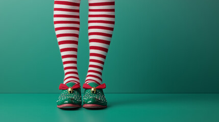 festive elf legs with green and red striped stockings and pointed shoes topped with small bells.  against , green banner/web/wallpaper/design/poster flyer