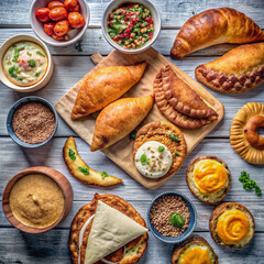 Assorted empanadas and savory pastries with sauces on wood table – Empanadas surtidas y pasteles salados con salsas en mesa de madera