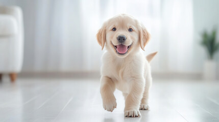 playful 4 month old golden retriever puppy with wagging tail, happily exploring its bright indoor environment. This adorable pup brings joy and warmth to any home