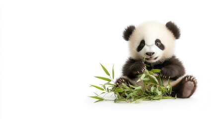 Fototapeta premium sweet 4 month old baby panda munching on bamboo, showcasing its playful nature and adorable features. This charming scene captures essence of wildlife
