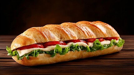 A fresh,  long sub sandwich with tomato and lettuce on a wooden table.