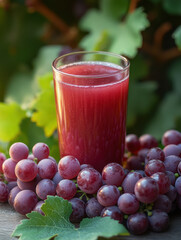 refreshing glass of grape juice surrounded by fresh grapes and green leaves, capturing essence of natures bounty. vibrant red color and natural setting evoke sense of freshness