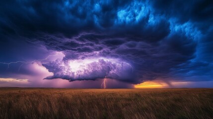 Lightning strikes over a flat prairie landscape, with a dark, rolling storm cloud moving across the horizon.
